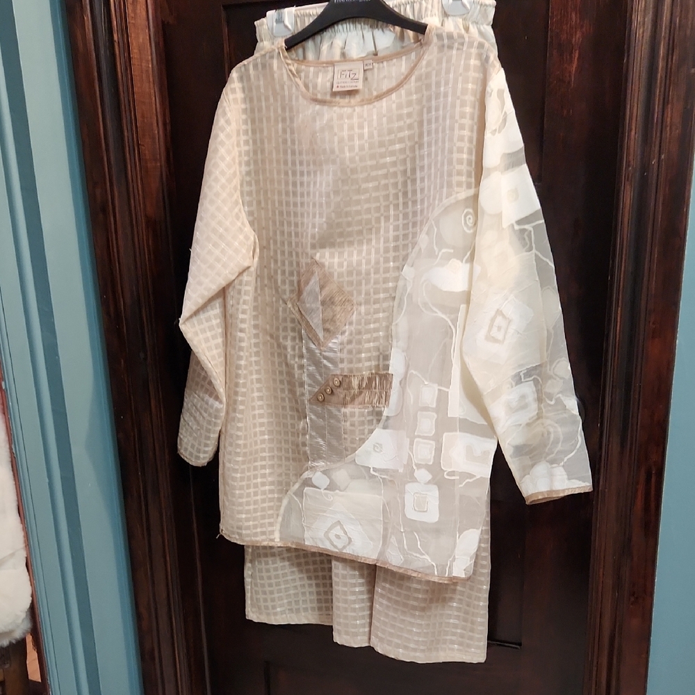 Chic Beige Patterned Tunic by Fitz, With Coordinated Midi Skirt